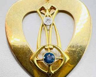 14K Gold Art Nouveau Heart Pendant with Diamond & Rare Blue Diamond