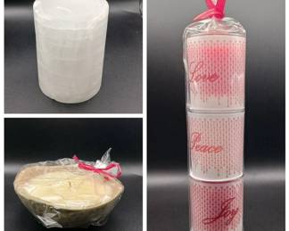 PartyLite GloLite Candle, Three Red "Love, Peace, Joy" Candles, & Prosperity Candle