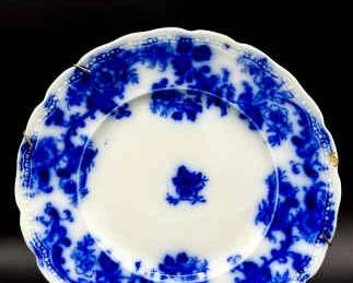 Antique Lancaster Flow Blue New Wharf Pottery 9" Plate with embossed beading