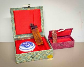(2) Chinese Soapstone Name Seals with Dragon Ink Pot & Boxes