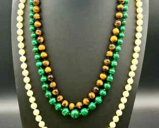 (3) Stupendous Stone Necklaces-Malachite, Tigers Eye