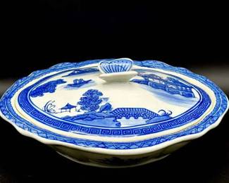 Blue & White Small Oval Casserole with a Butterfly Knob on the Lid