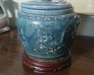 This beautiful Chinese pickle jar is what I refer to as a "faithful reproduction", in that it was created in the traditional manner, without the age. A wonderful piece that would compliment any décor. 10x9, plus base. $120.