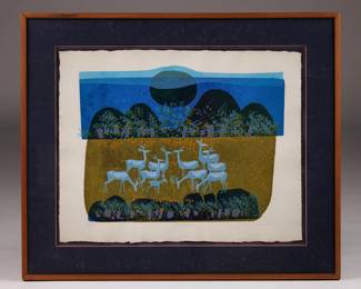 This is an original serigraph (silk screen) on handmade paper, entitled "Night Grazing", by California artist David Weidman. See label and artist note for additional details. Paper size is 28x22, overall 38x32. $400.
Artist bio:
https://en.m.wikipedia.org/wiki/David_Weidman