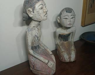 Another "faithful reproduction", these traditional Indonesian wedding figures were made in the precise manner they have been for centuries! You can see the female figure has some minor checking on one leg. Male is 20 overall, female 16. $160.