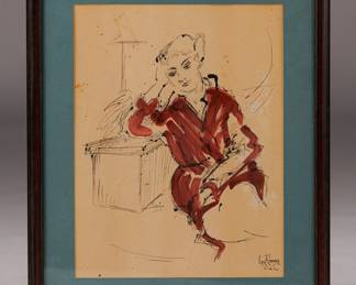 This incredible brush and ink with watercolor wash, was painted by our client's father while attending architectural school in Fayetteville in the 50's! I've decided to call her "Melancholy Lady". Paper size is 18x24, overall 26x32. $150.
