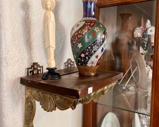 Carved Madonna statue & cloisonne vase. There are 2 of these small, ornate shelves.
