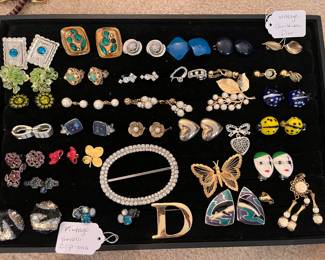 Costume jewelry - clip on earrings, bracelets, brooches, pendants & necklaces. Various brands pictured including Christian Dior, Trifari & Sorelli.