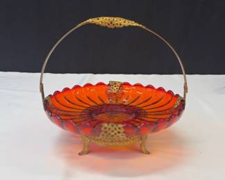 Antique Ruby Red Glass Basket With Ormolu Brass Trim