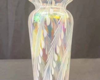 Rare Silvestri Iridescent Pink Pulled Feather Art Glass Vase