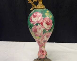 Antique Green And Pink Floral Porcelain Vase Metal Handle Base Ewer Urn