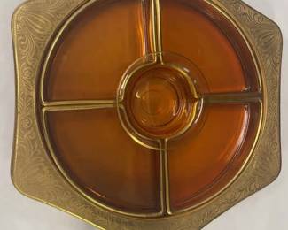 Vintage Amber Glass With Gold Overlay Relish Platter