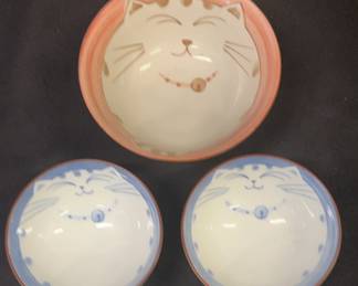 Japanese Porcelain Cat Designed Rice Bowls