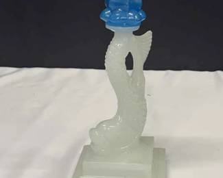 Boston Sandwich Glass Co. White Blue Dolphin Candlestick Holder