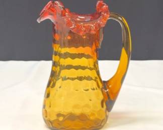 Hand Blown Amberina Pitcher Ruffle Top Rim