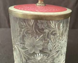 Tiffany Co. Crystal, Sterling Silver, And Pink Guilloche Enamel Condiment Jar