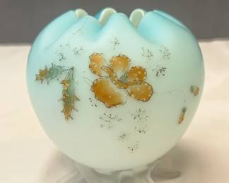 Antique Victorian Blue Ombre Satin Glass Rose Bowl With Floral Enamel