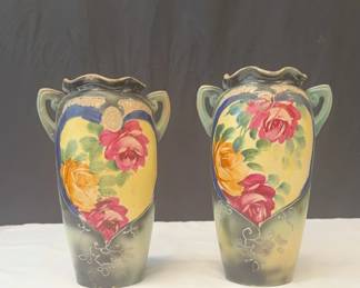 Antique Hand Painted Porcelain Urn Vases With Flowers