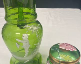Green Trinket Box And Mary Gregory Pitcher