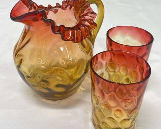 Amberina Pitcher And Two Tumblers