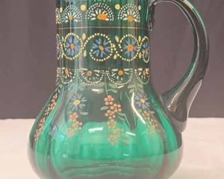 Enameled Hand Blown Green Glass Pitcher Micro Dot Design