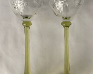 Cut Glass Green Uranium And Clear Wine Glasses