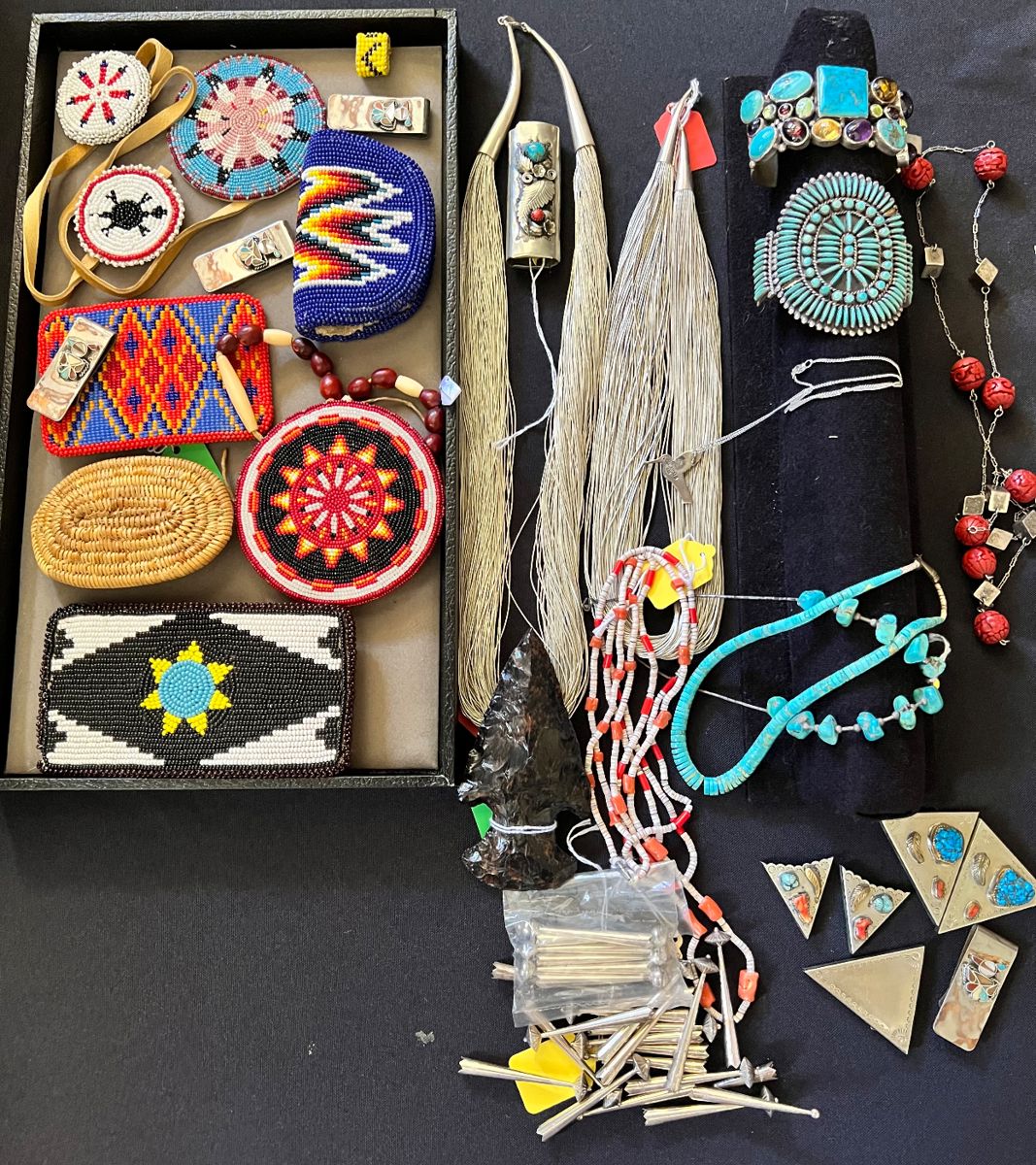 Native American beaded disks and buckles, jewelry, Zuni petit poin cuff (missing one piece), Stunning signed semi-precious stone & sterling cuff