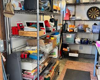 Garage fun stuff - camping stove, fire escape ladder, gas cans, shelving on wheels