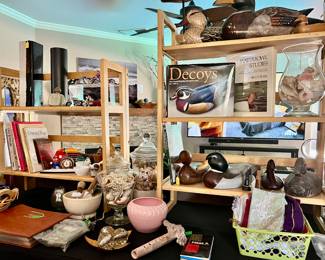 Vintage and newer duck decoys, pottery, vintage mortar and pestle collection, jars with shells,