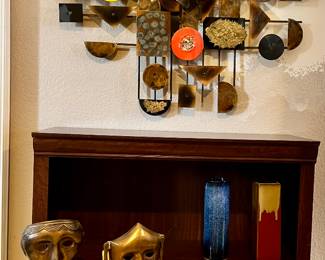 MCM enamel metal wall art, Tragedy mask stands, Japanese pottery, Coral