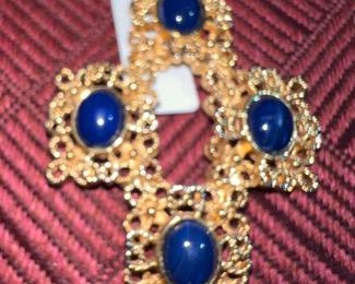 Cross Shaped Pin with Blue Stones