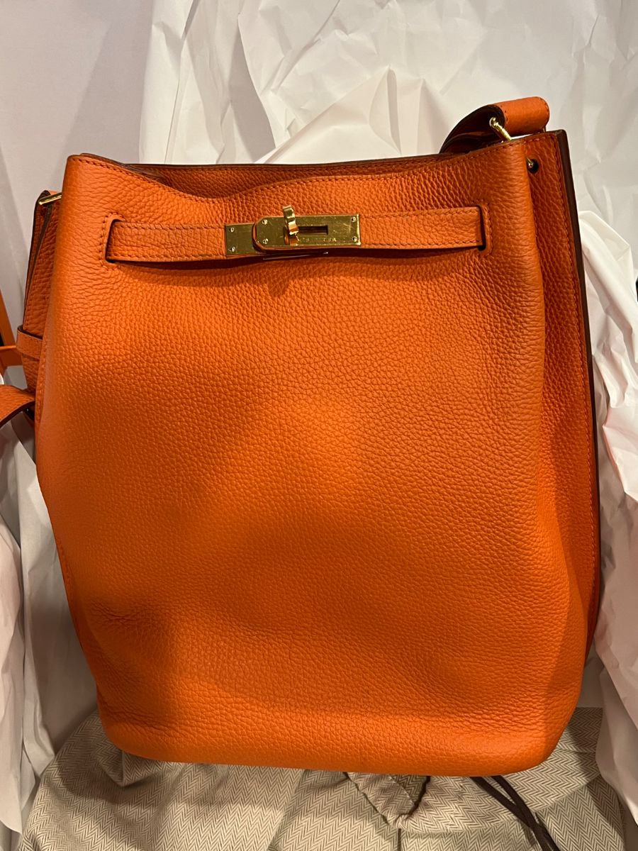 111. Hermes Orange Togo Leather Palladium Plated So Kelly Bag w/Box & Dustbag