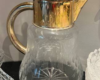74. Lead Cut Crystal Pitcher w/Gold Top 10"
