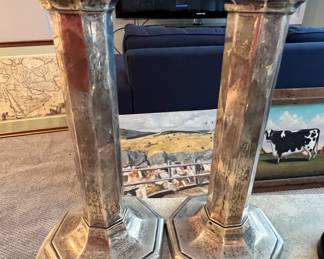127. Pair of Weighted " L "Sterling Candlesticks