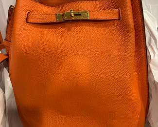 111. Hermes Orange Togo Leather Palladium Plated So Kelly Bag w/Box & Dustbag