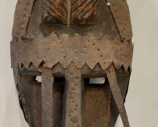 108. Vintage African Art Tribal Carved Wood & Metal Mask