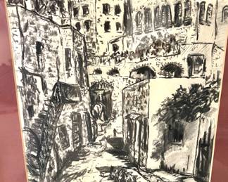 102. Charcoal Drawing of Village Scene, Signed 13" x 19"