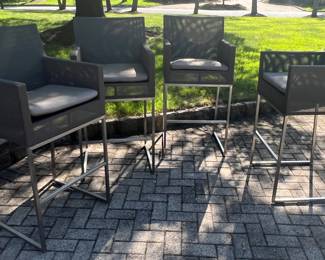Crate & Barrel Rectangular Glass Bar Height Table & 4 Mesh Bar Stools 
