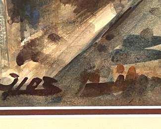 5.Signed Watercolor of French Street Scene by Les (26.5" x 33")