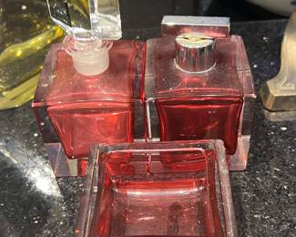 84. Set of Three Art Deco Dark Pink Crystal: Perfume Bottle 6"; Square Bottle w/Top 4", Square 2"