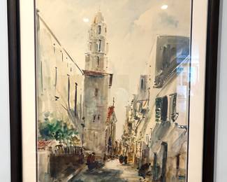 5.Signed Watercolor of French Street Scene by Les (26.5" x 33")