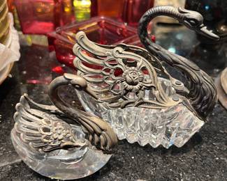 85. 2 Vintage Raimond Crystal Articulated Swan Salt Cellars Silver Plate, 6" & 4"