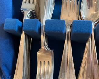 106. 147 Piece RM & S Sterling Flatware Service. Includes: 12 Dinner Forks, 14 Lunch Forks, 15 Cake Forks, !2 Dinner Knives,
12 Lunch Knives, 14 Butter Knives, 24 Teaspoons, 8 Soup Spoons, 12 Ice Tea Spoons, 6 Grapefruit Spoons,
2 Pickle Forks, 3 Serving Spoons, 1 Special Butter Knife, 3 Serving Forks, 4 Condiment Spoons, 1 Tomato Spoon,
2 Perforated Spoons, 1 Ice Tong, 1 Pie Knife