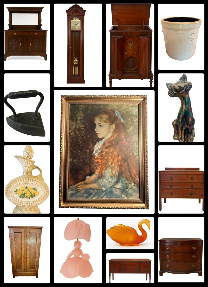 More pictures coming soon ! 🛋 Highlights Include:
Fine furniture, elegant antiques, and formal décor
Fenton glass, carnival glass, and cobalt candlesticks
Tiffany pieces, vintage decanters, glass art, and silver
Original oil paintings and beautiful pottery (signed)
Antique and vintage clothing, books, and Christmas décor
Large record collection + antique record player/radio
Quilting supplies, fabric, and sewing materials
Garden tools, outdoor antiques, and more