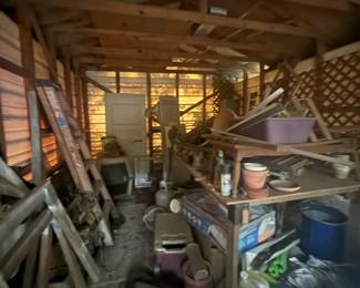 shed full , bottles, mason , ball , tools , ladder 