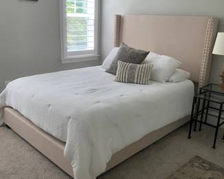 A11 - $550. Queen Size Upholstered Bed. Was very gently used in a guest room. Frame measures 68" wide x 57.5" tall. Includes clean mattress & box spring if you want them as well as the sheets, pillows & blankets!