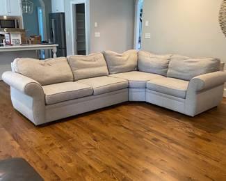 A4 - $750. Pottery Barn Sectional. Measures 10' long across the long side of the back x 89" long the shorter way. 38.5" deep. No major stains. Does have pilling typical of Pottery Barn upholstered furniture. Cushions need a little fluffing but structurally sound and lots of year left!