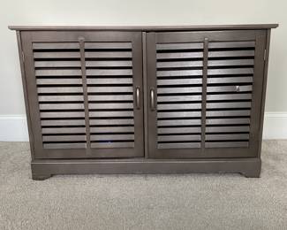 A36 - $50. Media Stand. Measures 45" wide x 19" deep x 28" tall. Has one slat on the front broken. Sturdy.