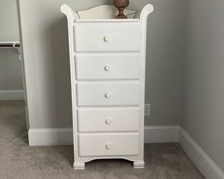 A44 - $100. White Lingerie Chest / Taller 5 drawer Chest. Measures 26.5" wide x 16.25" deep x 52.5" tall.