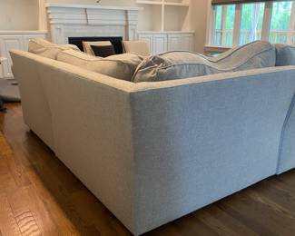 A4 - $750. Pottery Barn Sectional. Measures 10' long across the long side of the back x 89" long the shorter way. 38.5" deep. No major stains. Does have pilling typical of Pottery Barn upholstered furniture. Cushions need a little fluffing but structurally sound and lots of year left!